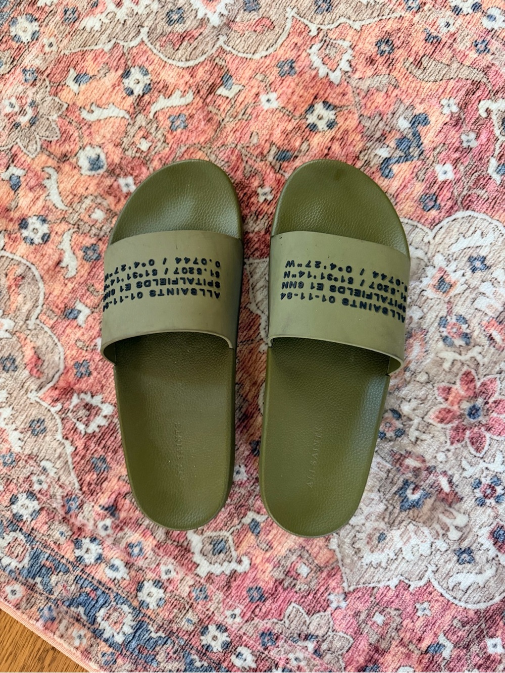 Mens Olive Green Slide Sandals with Text Print